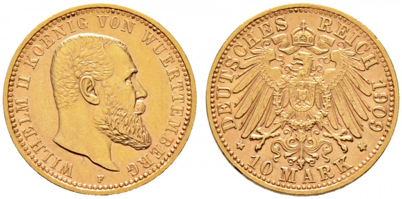 Reichsgoldmünzen. WÜRTTEMBERG. 
Wilhelm II. 1891-1918. 10 Mark 1909 F. J. 295. ...