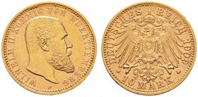 Reichsgoldmünzen. WÜRTTEMBERG. 
Wilhelm II. 1891-1918. 10 Mark 1909 F. J. 295. selten in dieser Erhaltung, vorzüglich-Stempelglanz/fast Stempelglanz ...