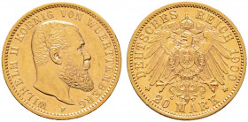 Reichsgoldmünzen. WÜRTTEMBERG. 
Wilhelm II. 1891-1918. 20 Mark 1900 F. J. 296. selten in dieser Erhaltung, vorzüglich-Stempelglanz mit leichtem Präge...