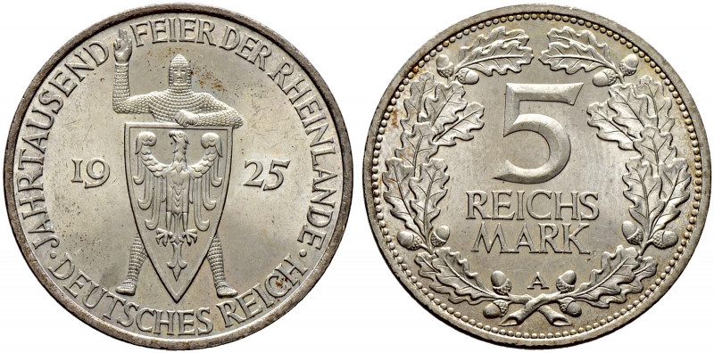 Weimarer Republik. 
5 Reichsmark 1925 A. Rheinlande. J. 322. vorzüglich-Stempel...