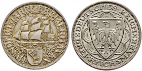 Weimarer Republik. 
3 Reichsmark 1927 A. Bremerhaven. J. 325. feine Tönung, vorzüglich-prägefrisch