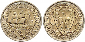 Weimarer Republik. 
3 Reichsmark 1927 A. Bremerhaven. Ein weiteres Exemplar. J. 325. feine Tönung, vorzüglich-prägefrisch