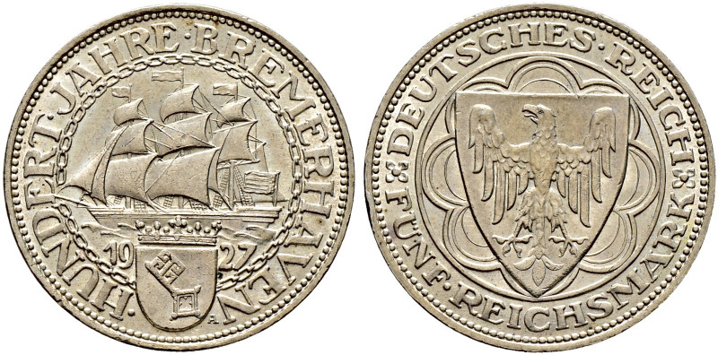 Weimarer Republik. 
5 Reichsmark 1927 A. Bremerhaven. J. 326. kleiner Randfehle...