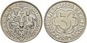 Weimarer Republik. 
3 Reichsmark 1927 A. Nordhausen. J. 327. winzige Randfehler, vorzüglich-prägefrisch