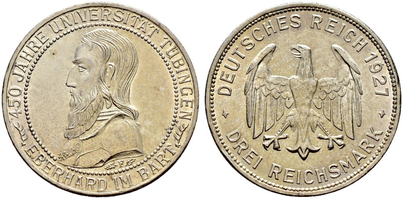 Weimarer Republik. 
3 Reichsmark 1927 F. Uni Tübingen. J. 328. kleine Kratzer, ...
