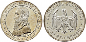 Weimarer Republik. 
5 Reichsmark 1927 F. Uni Tübingen. J. 329. feinst zaponiert, Polierte Platte-minimal berieben