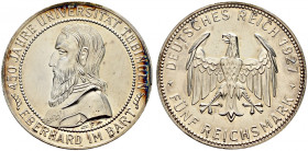 Weimarer Republik. 
5 Reichsmark 1927 F. Uni Tübingen. J. 329. feinst zaponiert, minimale Kratzer, Polierte Platte