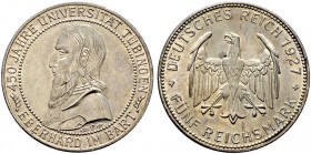 Weimarer Republik. 
5 Reichsmark 1927 F. Uni Tübingen. J. 329. kleine Kratzer, vorzüglich/vorzüglich-prägefrisch