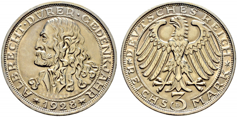 Weimarer Republik. 
3 Reichsmark 1928 D. Dürer. J. 332. feine Tönung, kleiner K...