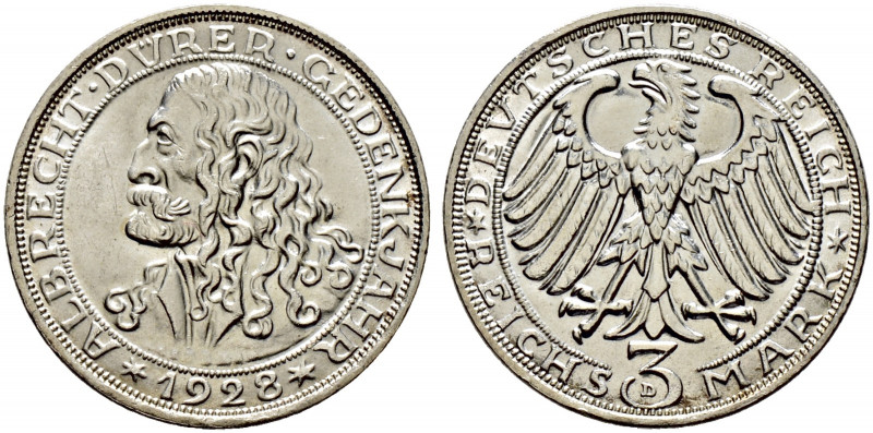 Weimarer Republik. 
3 Reichsmark 1928 D. Dürer. J. 332. minimale Randfehler, vo...