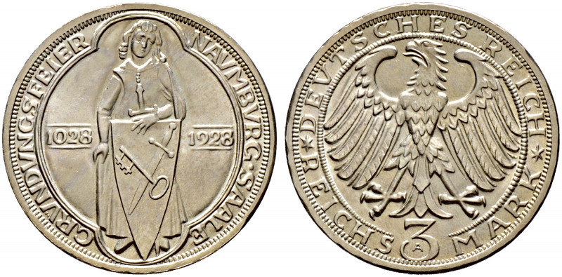 Weimarer Republik. 
3 Reichsmark 1928 A. Naumburg. J. 333. minimale Randunebenh...