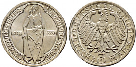 Weimarer Republik. 
3 Reichsmark 1928 A. Naumburg. J. 333. minimale Randunebenheiten, vorzüglich-prägefrisch