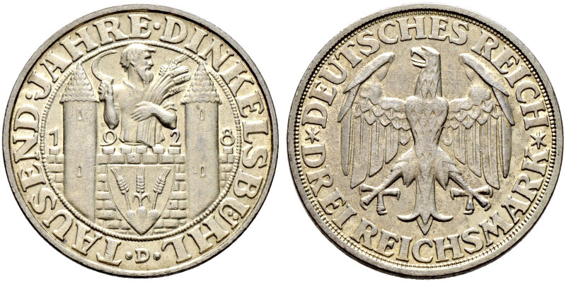 Weimarer Republik. 
3 Reichsmark 1928 D. Dinkelsbühl. Ein weiteres Exemplar. J....