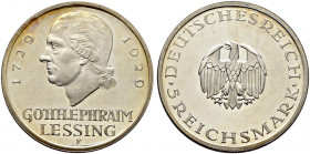 Weimarer Republik. 
5 Reichsmark 1929 F. Lessing. J. 336. Prachtexemplar, Polierte Platte