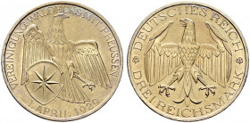 Weimarer Republik. 
3 Reichsmark 1929 A. Waldeck. J. 337. feine Tönung, vorzüglich-prägefrisch