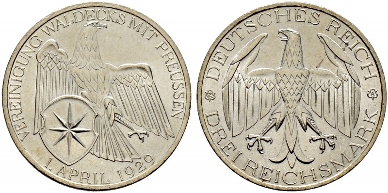 Weimarer Republik. 
3 Reichsmark 1929 A. Waldeck. J. 337. minimale Randfehler, ...