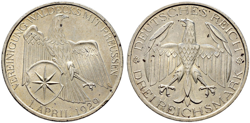 Weimarer Republik. 
3 Reichsmark 1929 A. Waldeck. J. 337. minimale Randunebenhe...
