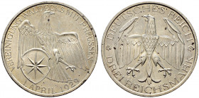 Weimarer Republik. 
3 Reichsmark 1929 A. Waldeck. J. 337. minimale Randunebenheiten, vorzüglich-prägefrisch