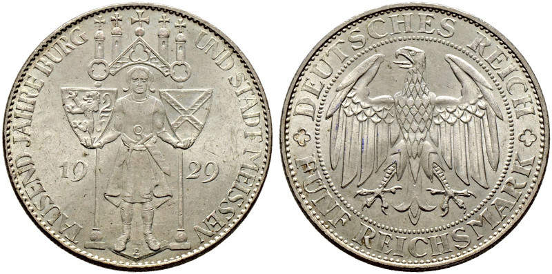 Weimarer Republik. 
5 Reichsmark 1929 E. Meißen. J. 339. minimale Kratzer, vorz...