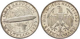Weimarer Republik. 
5 Reichsmark 1930 G. Zeppelin. J. 343. Prachtexemplar, Polierte Platte
