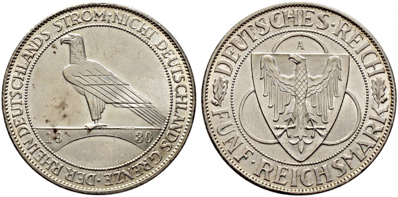 Weimarer Republik. 
5 Reichsmark 1930 A. Rheinlandräumung. J. 346. winzige Krat...