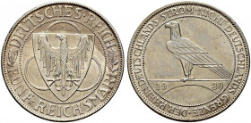 Weimarer Republik. 
5 Reichsmark 1930 A. Rheinlandräumung. J. 346. minimale Kratzer, vorzüglich-prägefrisch