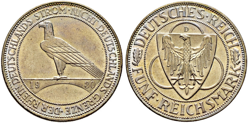 Weimarer Republik. 
5 Reichsmark 1930 D. Rheinlandräumung. J. 346. minimale Kra...