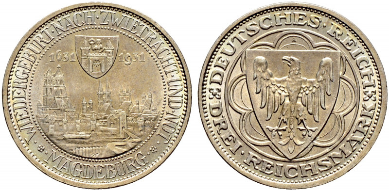 Weimarer Republik. 
3 Reichsmark 1931 A. Magdeburg. J. 347. leichte Tönung, vor...
