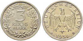 Weimarer Republik. 
3 Reichsmark 1931 A. Kursmünze. J. 349. kleine Kratzer auf dem Revers, vorzüglich