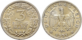 Weimarer Republik. 
3 Reichsmark 1931 A. Kursmünze. J. 349. gutes sehr schön