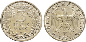 Weimarer Republik. 
3 Reichsmark 1931 F. Kursmünze. J. 349. kleine Kratzer und Randfehler, fast vorzüglich