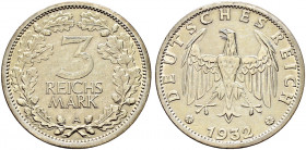 Weimarer Republik. 
3 Reichsmark 1932 A. Kursmünze. J. 349. sehr schön-vorzüglich