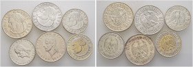 Drittes Reich. 
Lot (6 Stücke): 2 Reichsmark 1933 D und G "Luther", 5 Reichsmark 1933 A und E "Luther", 2 Reichs­mark 1934 F "Schiller" sowie 5 Reich...
