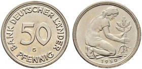 Bank Deutscher Länder.
50 Pfennig 1950 G. J. 379. Auflage in PP: nur 10 Exemplare!
äußerst selten in dieser Erhaltung, Polierte Platte