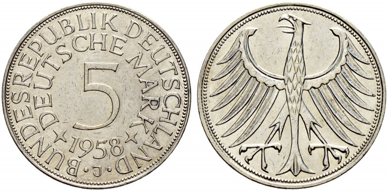 Bundesrepublik Deutschland. 
5 Deutsche Mark 1958 J. Kursmünze. J. 387. gutes s...