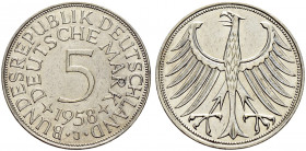 Bundesrepublik Deutschland. 
5 Deutsche Mark 1958 J. Kursmünze. J. 387. gutes sehr schön