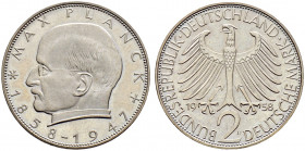 Bundesrepublik Deutschland. 
2 Deutsche Mark 1958 D. Max Planck. J. 392. selten in dieser Erhaltung, Polierte Platte