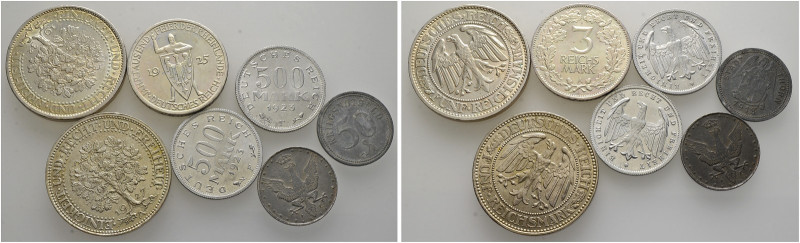 Lots. 
Ca. 65 Stücke: 5 Reichsmark 1927 und 1932 A Eichbaum sowie 3 Reichsmark ...