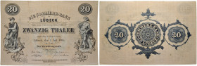 LÜBECK. 20 Taler Courant der Commerzbank in Lübeck. 1. Juli 1865. Blankoschein ohne Nr. Pick/Rixen A 145. 144 x 100 mm
leichte Knickspur, sonst vorzüg...