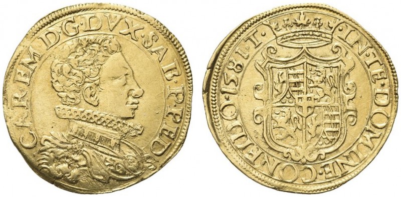 SAVOIA. Carlo Emanuele I, 1580-1630. Doppia 1581 T, zecca di Torino. Au gr. 6,56...