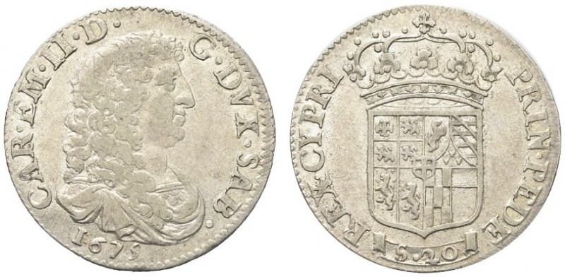 SAVOIA. Carlo Emanuele II, 1648-1675. Lira nuova 1675. Ar gr. 6,15 Dr. CAR EM II...