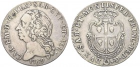 SAVOIA. Carlo Emanuele III, 1730-1773. Scudo Sardo 1769, Torino. Ar gr. 23,29 Dr. CAR EM D G REX SAR SAR CYP ET IER Testa a s., sotto al collo I769. R...