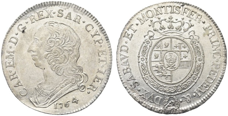 SAVOIA. Carlo Emanuele III, 1730-1773. Mezzo scudo 1764. Ar gr. 17,38 Dr. CAR EM...