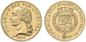 SAVOIA. Vittorio Emanuele I, Re di Sardegna, 1802-1821. 20 Lire 1816 Torino. Au Come precedente. Pag. 4; Gig. 11. Molto Raro. q. SPL