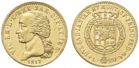 SAVOIA. Vittorio Emanuele I, Re di Sardegna, 1802-1821. 20 Lire 1817 Torino. Au Come precedente. Pag. 5; Gig. 12. Raro. q. SPL