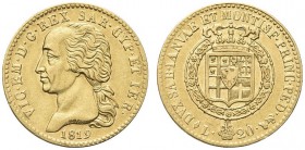 SAVOIA. Vittorio Emanuele I, Re di Sardegna, 1802-1821. 20 Lire 1819 Torino. Au Come precedente. Pag. 7; Gig. 14. Raro. Fondi brillanti. Buon BB