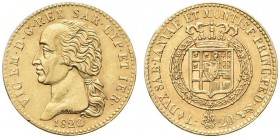 SAVOIA. Vittorio Emanuele I, Re di Sardegna, 1802-1821. 20 Lire 1820 Torino. Au Come precedente. Pag. 8; Gig. 15. Raro. Colpetto. q. SPL