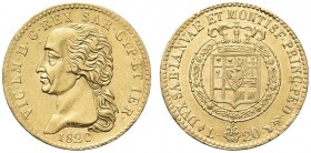SAVOIA. Vittorio Emanuele I, Re di Sardegna, 1802-1821. 20 Lire 1820 Torino. Au Come precedente. Pag. 8; Gig. 15. Raro. Fondi brillanti. Più che SPL