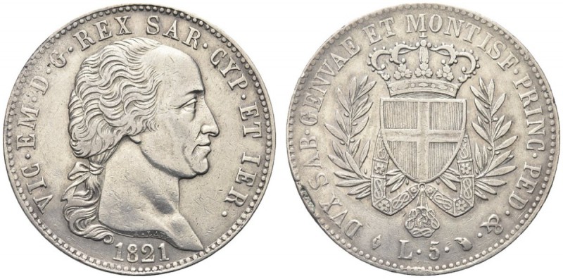 SAVOIA. Vittorio Emanuele I, Re di Sardegna, 1802-1821. 5 Lire 1821 Torino. Ar D...