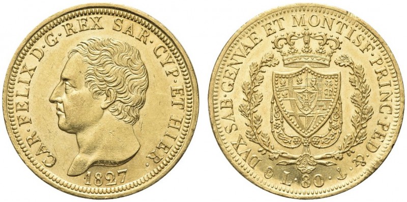 SAVOIA. Carlo Felice, Re di Sardegna, 1821-1831. 80 Lire 1827 Genova. Au Come pr...